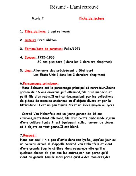 L ami Retrouvé Fiche De Lecture De 3eme Ami Retrouve | PDF